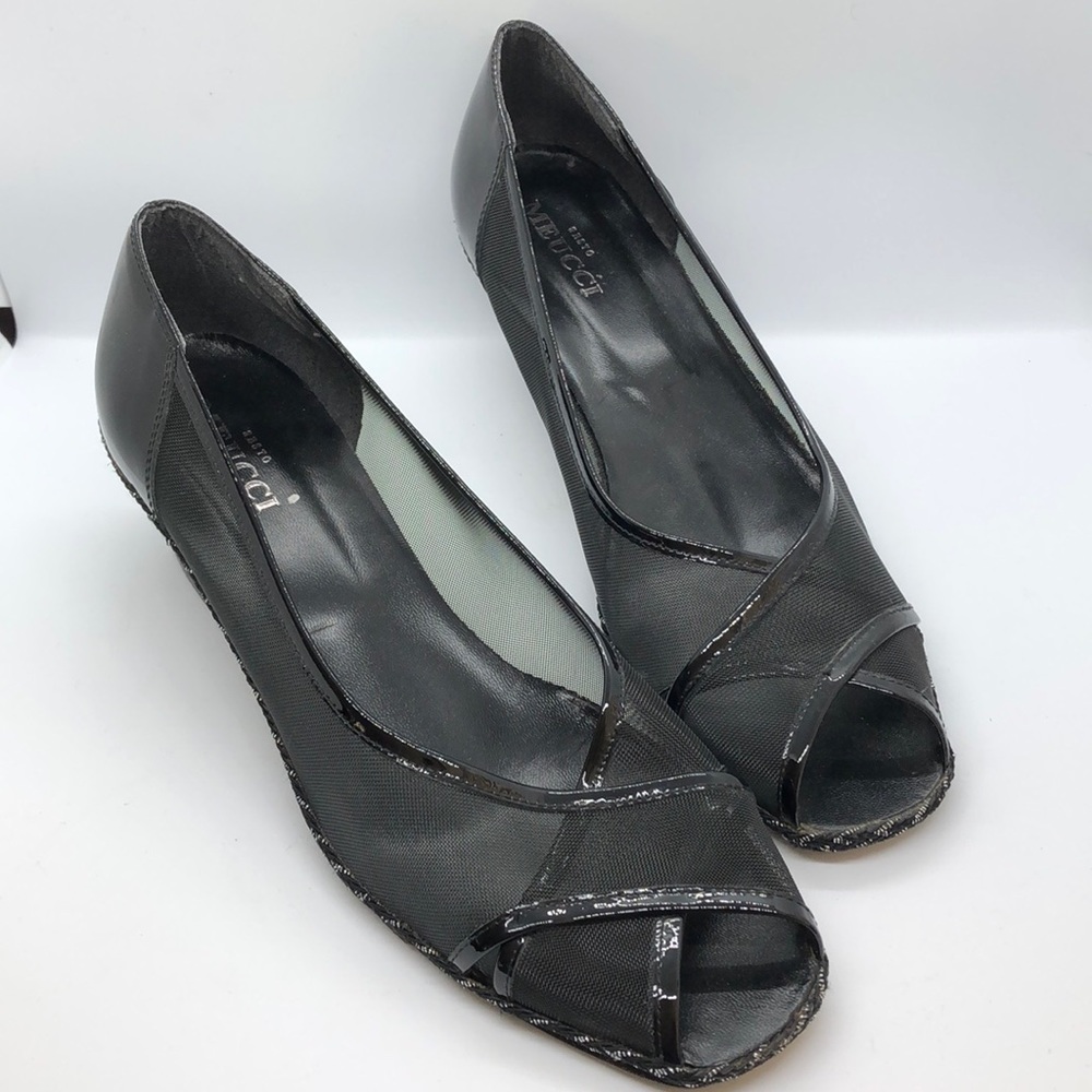 Sesto Meucci black Patent Leather Wedges 9.5 Peep Toe